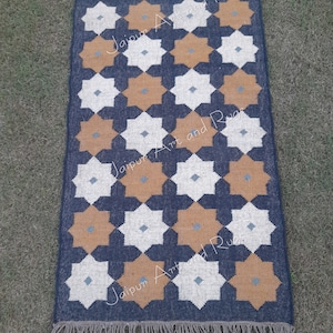 Handmade Wool Jute Kilim Rug: Boho Checkered Carpet