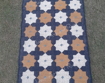 Brown Blue Kilim Rug, Handwoven Geometric Wool Jute Rug, Handmade Dhurrie Rug, Traditional Indian Jute Area rug, Flatweave Custom Size Rug