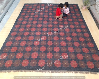 Red Kilim Rug, Handwoven Geometric Wool & Jute Rug, Handmade Kilim Dhurrie Rug, Traditional Indian Jute Area rug, Flatweave Custom Size Rug