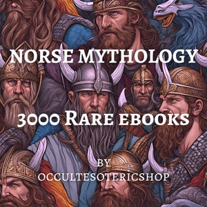 Puede incluir: Ilustración digital que presenta un collage de guerreros vikingos con cascos con cuernos y barbas. El texto "NORSE MYTHOLOGY" y "3000 RARE EBOOKS" se superpone a la imagen, con el nombre de la tienda "OCCULTESOTERICSHOP" en la parte inferior.