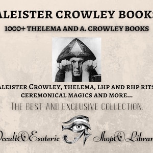 Könnte beinhalten: Werbung für Aleister Crowley Bücher. Der Text lautet "Aleister Crowley Books" und "1000+ Thelema and A. Crowley Books". Ein Schwarz-Weiß-Foto von Aleister Crowley befindet sich in der Mitte. Der Text enthält auch "Occult & Esoteric Shop & Library".