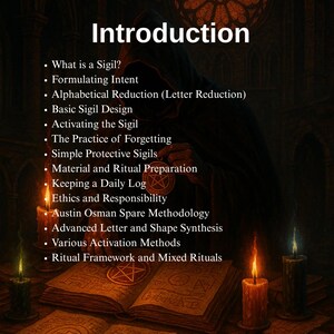 May include: An illustration with the title "Introduction" and a list of topics including sigils, intent, and ritual preparation. The image features an open book, candles, and a robed figure, creating a mystical atmosphere.