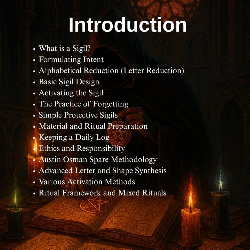 May include: An illustration with the title "Introduction" and a list of topics including sigils, intent, and ritual preparation. The image features an open book, candles, and a robed figure, creating a mystical atmosphere.