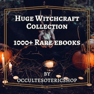 May include: An image with the text "Huge Witchcraft Collection 1000+ Rare Ebooks" in white font, framed in gold. The image features a skull held in hands, pumpkins, candles, and the text "By OccultEsotericShop". The overall theme is mystical.