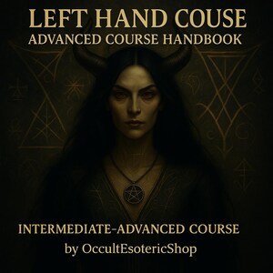 May include: Digital artwork featuring a woman with dark hair, red eyes, and horns, adorned with a pentagram necklace. The image includes text: "LEFT HAND COUSE ADVANCED COURSE HANDBOOK" and "INTERMEDIATE-ADVANCED COURSE by OccultEsotericShop."