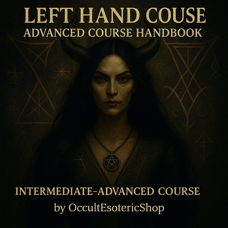 May include: Digital artwork featuring a woman with dark hair, red eyes, and horns, adorned with a pentagram necklace. The image includes text: "LEFT HAND COUSE ADVANCED COURSE HANDBOOK" and "INTERMEDIATE-ADVANCED COURSE by OccultEsotericShop."