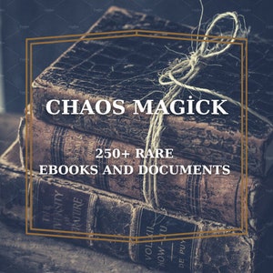 May include: A stack of antique books tied with twine. The books are brown with worn covers and gold lettering. The text "CHAOS MAGICK" and "250+ RARE EBOOKS AND DOCUMENTS" are displayed in white.