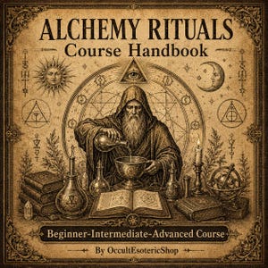 Puede incluir: Una portada de libro beige titulada Alchemy Rituals Course Handbook. La ilustración muestra a una figura barbuda con túnica con capucha vertiendo líquido en un cáliz, rodeada de libros, viales de vidrio, vela, sol, luna y símbolos.