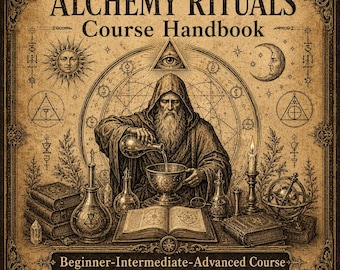 May include: A beige book cover titled Alchemy Rituals Course Handbook. The illustration features a bearded figure in a hooded robe pouring liquid into a chalice, surrounded by books, glass vials, a candle, a sun, a moon, and geometric symbols.