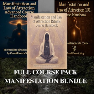 May include: A bundle of three handbooks with the titles "Manifestation and Law of Attraction". The covers feature illustrations of figures in meditation poses with glowing energy fields. The text "FULL COURSE PACK MANIFESTATION BUNDLE" is at the bottom.