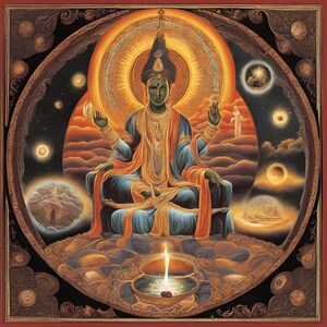 May include: A detailed illustration of a seated figure with green skin, adorned in blue and gold robes, within a circular frame. The background features celestial elements, including stars, planets, and a bright halo. A lit candle is in the foreground.