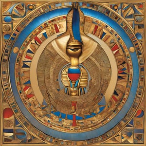 May include: An ornate, circular artwork with an Egyptian theme. The piece features a central figure with a gold head and blue and red accents. It is surrounded by concentric rings of detailed patterns in gold, blue, and red, set within a gold frame.