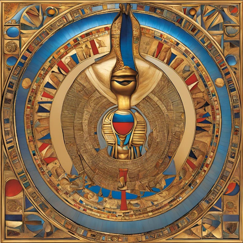 May include: An ornate, circular artwork with an Egyptian theme. The piece features a central figure with a gold head and blue and red accents. It is surrounded by concentric rings of detailed patterns in gold, blue, and red, set within a gold frame.