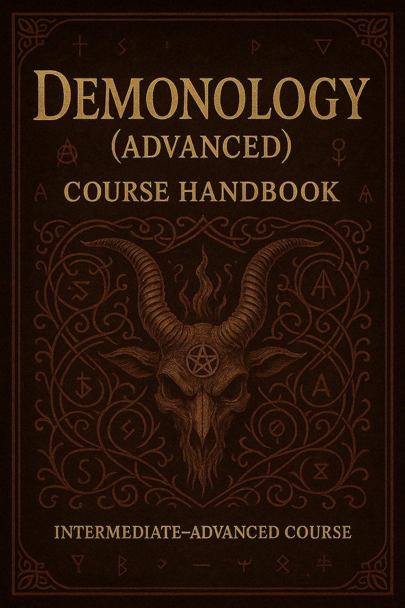 May include: A dark brown book cover with gold lettering that reads "DEMONOLOGY (ADVANCED) A COURSE HANDBOOK". The cover features a detailed illustration of a goat skull with a pentagram and ornate scrollwork.