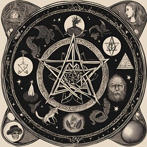 May include: Black and white illustration of a circular occult symbol. A large pentagram is at the center, surrounded by various mystical figures, stars, and geometric shapes. The artwork has a detailed, vintage style, with intricate line work and a dark, mysterious aesthetic.