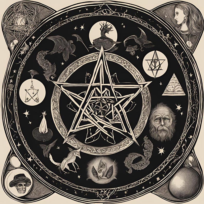 May include: Black and white illustration of a circular occult symbol. A large pentagram is at the center, surrounded by various mystical figures, stars, and geometric shapes. The artwork has a detailed, vintage style, with intricate line work and a dark, mysterious aesthetic.