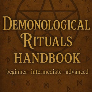 May include: A brown handbook titled "Demonological Rituals Handbook" with gold lettering and a pentagram design. The text includes "beginner - intermediate - advanced". The background features runes.