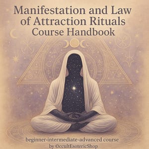 May include: Illustration of a figure in meditation, cloaked in white, with a starry void for a face and chest. The image is titled "Manifestation and Law of Attraction Rituals Course Handbook." The background features geometric and celestial symbols, with text at the bottom indicating a course for beginners to advanced levels.
