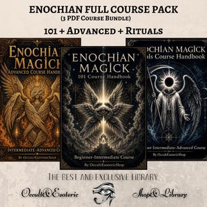 May include: A digital bundle titled ENOCHIAN FULL COURSE PACK (3 PDF COURSE BUNDLE) 101 + ADVANCED + RITUALS. It features three book covers with dark, intricate illustrations of winged figures, celestial motifs, and occult symbols in gold and black.