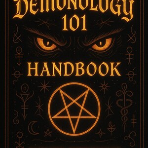 May include: A black handbook titled "Demonology 101 Handbook" with gold lettering and a pentagram. The cover features glowing orange eyes and decorative symbols. The text reads "Beginner-Intermediate Course".