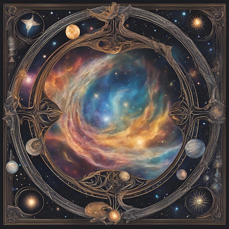 K&ouml;nnte beinhalten: Ein quadratisches, verziertes Kunstwerk, das eine Himmelszene darstellt. Ein wirbelnder Nebel aus Blau, Orange und Gelb wird von einem detaillierten, metallischen Rahmen mit Himmelsk&ouml;rpern und Sternen umrahmt. Das Kunstwerk weckt ein Gef&uuml;hl kosmischen Staunens.