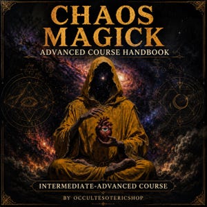 May include: A book cover titled Chaos Magick Advanced Course Handbook featuring a hooded figure in a mustard yellow robe sitting in a meditative pose. The figure holds a human heart with an eye in the centre against a cosmic nebula background.