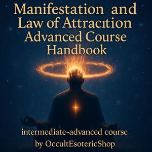 Puede incluir: Ilustración digital de una silueta meditando con un aura brillante y una estrella. El texto dice "Manifestación y Ley de Atracción Curso Avanzado Manual" y "curso intermedio-avanzado por OccultEsotericShop". Fondo azul oscuro.