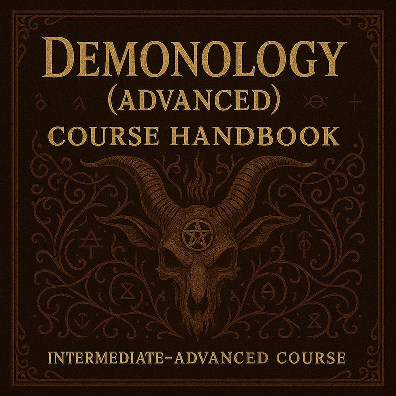 May include: A brown book cover with the title "Demonology (Advanced) Course Handbook" in gold lettering. The cover features a detailed illustration of a horned skull with a pentagram and ornate scrollwork. The text "Intermediate-Advanced Course" is at the bottom.