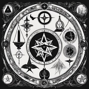 May include: Black and white illustration of a circular design with occult symbols. The design features a central star, compasses, and other mystical elements. The artwork has a detailed, intricate style with a vintage aesthetic.