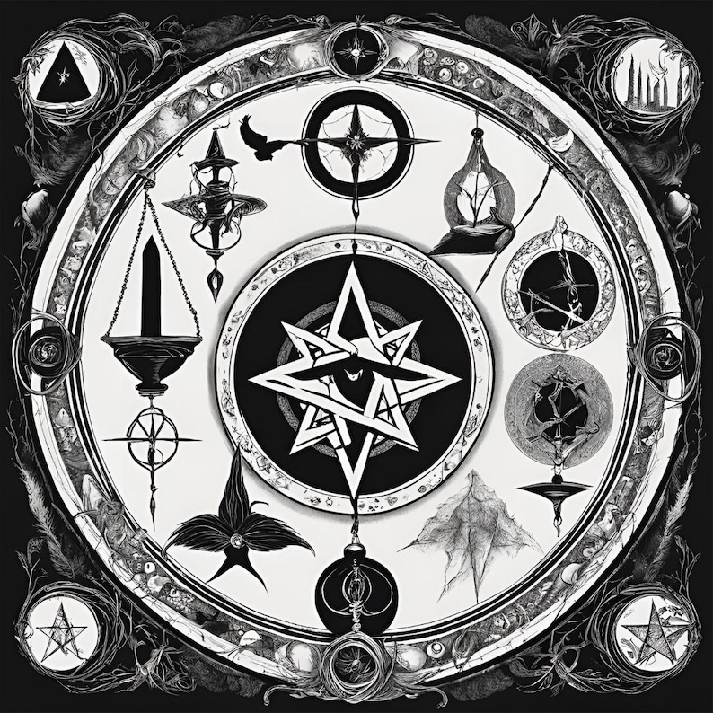 May include: Black and white illustration of a circular design with occult symbols. The design features a central star, compasses, and other mystical elements. The artwork has a detailed, intricate style with a vintage aesthetic.