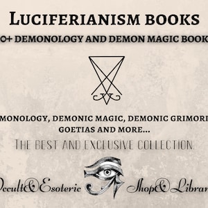 Könnte beinhalten: Werbung für luziferianische Bücher. Der Text lautet "Luziferianismus Bücher" und "90+ Dämonologie- und Dämonenmagie-Bücher". Zusätzlicher Text enthält "Dämonologie, dämonische Magie, dämonische Grimoires, Goetias und mehr..." und "Die beste und exklusive Sammlung."