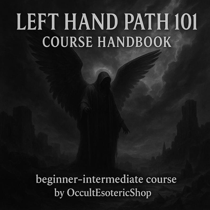 May include: A monochrome image with the text "LEFT HAND PATH 101 COURSE HANDBOOK." A cloaked figure with large wings is in the foreground against a dark, cloudy backdrop. The text "beginner-intermediate course by OccultEsotericShop" is at the bottom.