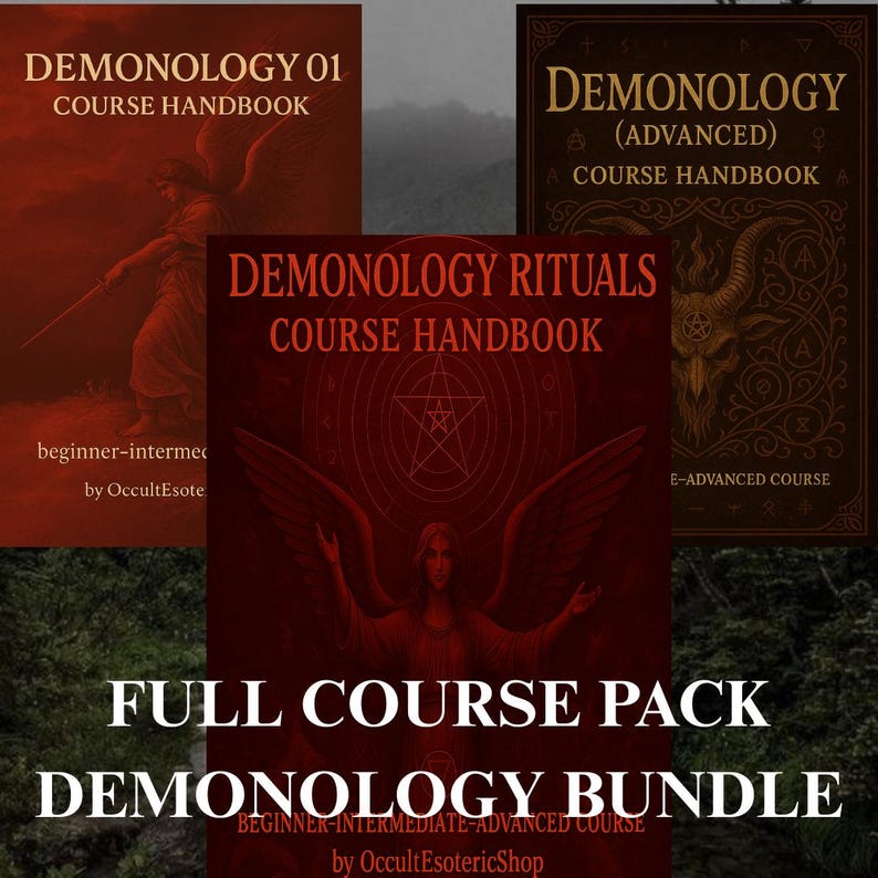May include: A bundle of three course handbooks with the titles "Demonology 01", "Demonology Rituals", and "Demonology (Advanced)". The books have a dark, gothic aesthetic with red and brown tones, featuring illustrations of angels, pentagrams, and a horned figure.