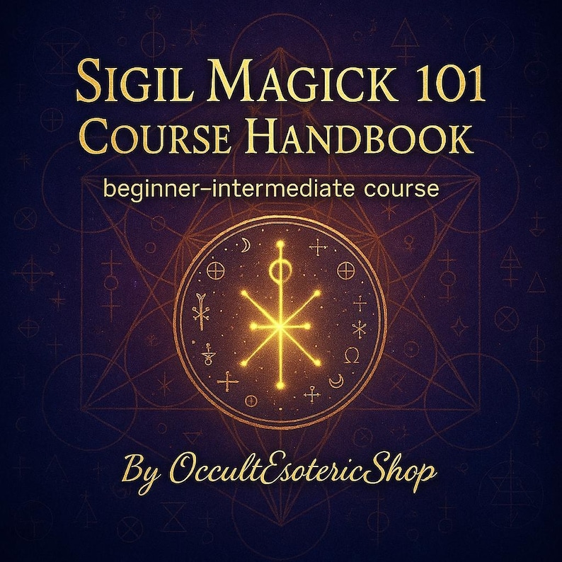 May include: A dark blue graphic with gold text that reads "SIGIL MAGICK 101 COURSE HANDBOOK" and "beginner-intermediate course." A gold circular design with symbols is in the center. The text "By OccultEsotericShop" is at the bottom.