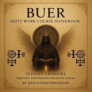 Könnte beinhalten: Ein beigefarbenes Handbuch mit dem Titel "BUER DEITY WORK COURSE HANDBOOK" mit einer Illustration einer bekleideten Figur, die ein Buch, eine Kerze und Engelsflügel hält. Der Text lautet "55 PAGES GRIMOIRE beginner-intermediate-advanced course BY OCCULTESOTERICSHOP."
