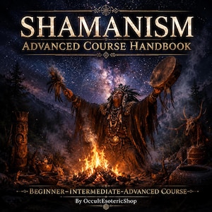 May include: A book cover titled SHAMANISM ADVANCED COURSE HANDBOOK. The image features a person in traditional attire with a feathered headdress, holding a drum and a bundle, kneeling before a campfire under a starry night sky with a galaxy.