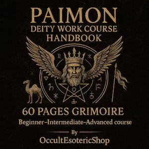 May include: A dark, textured background with gold text and illustrations. The text reads "PAIMON DEITY WORK COURSE HANDBOOK" and "60 PAGES GRIMOIRE." An illustration of a crowned figure with wings and a camel is also present. The text "OccultEsotericShop" is at the bottom.