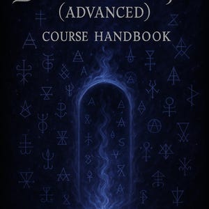 May include: A dark blue book cover with the title "DEMONOLOGY" in silver lettering. The text "(ADVANCED) COURSE HANDBOOK" is below the title. The cover features a blue glowing portal design and various symbols.