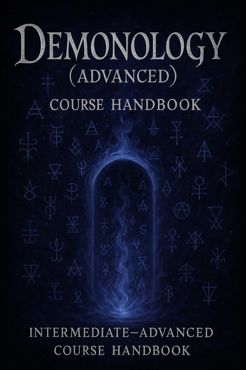 May include: A dark blue book cover with the title "DEMONOLOGY" in silver lettering. The text "(ADVANCED) COURSE HANDBOOK" is below the title. The cover features a blue glowing portal design and various symbols.