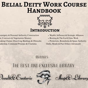 Op de afbeelding: Een handboek getiteld "Belial Deity Work Course Handbook" met een inleiding en opgesomde onderwerpen. De cover bevat een symbool en de tekst "65 pagina's". De onderkant van de afbeelding luidt "The Best and Exclusive Library" met de woorden "Occult & Esoteric" en "Shop & Library".