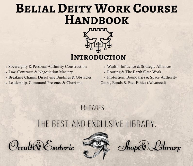 Op de afbeelding: Een handboek getiteld "Belial Deity Work Course Handbook" met een inleiding en opgesomde onderwerpen. De cover bevat een symbool en de tekst "65 pagina's". De onderkant van de afbeelding luidt "The Best and Exclusive Library" met de woorden "Occult & Esoteric" en "Shop & Library".