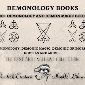 Może przedstawiać: Reklama książek o demonologii. Obraz zawiera tekst "Demonology Books" i "100+ Demonology and Demon Magic Books". Wyświetlane są również różne symbole okultystyczne oraz tekst "Occult & Esoteric Shop & Library".