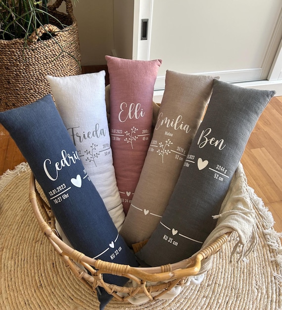 Geburtskissen mit Echtmaßen (Länge/KU), Kissen personalisiert, Leinen, Babykissen, Geburt, Taufe, Baby, Kissen mit Namen, Geschenk