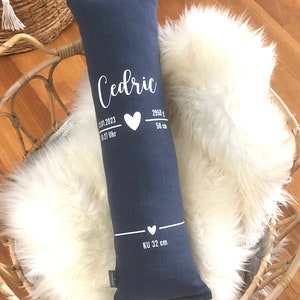 May include: A navy blue, rectangular pillow with the name "Cedric" in white script. The pillow displays birth details: date, time, weight (2950 g), and length (50 cm). It rests on a white, fluffy surface within a wicker basket.