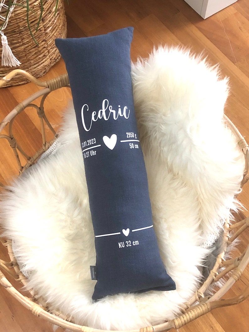 May include: A navy blue, rectangular pillow with the name "Cedric" in white script. The pillow displays birth details: date, time, weight (2950 g), and length (50 cm). It rests on a white, fluffy surface within a wicker basket.