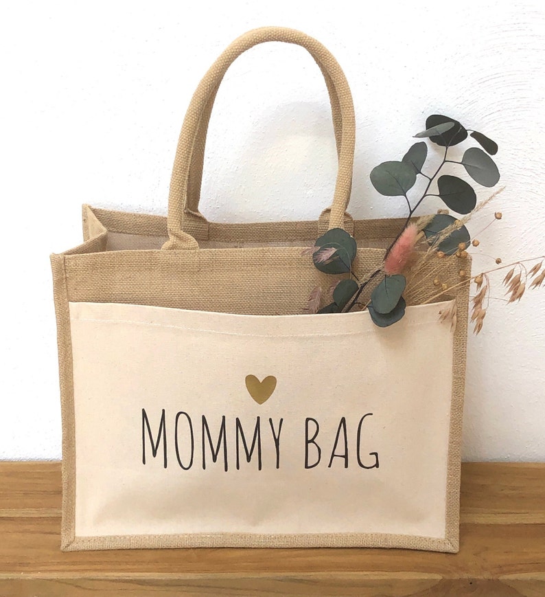 Jute bag, shopper, bag, shopper bag, for mom, mommy bag, baby shower, birth, gift for mom, 42x33x19 image 1