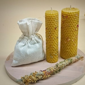 purifying set, with candles beeswax sheets, bunch of wormwood sticks, sage, esotericism