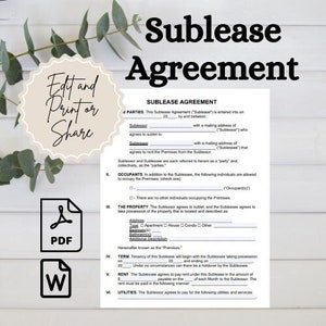 Könnte beinhalten: Ein weißes Untermietvertrag-Dokument mit dem Titel in großen schwarzen Buchstaben. Das Dokument enthält ausfüllbare Felder und die Worte "Edit and Print or Share" in einem dekorativen Kreis. Ein PDF- und Word-Dokument-Symbol ist ebenfalls vorhanden.