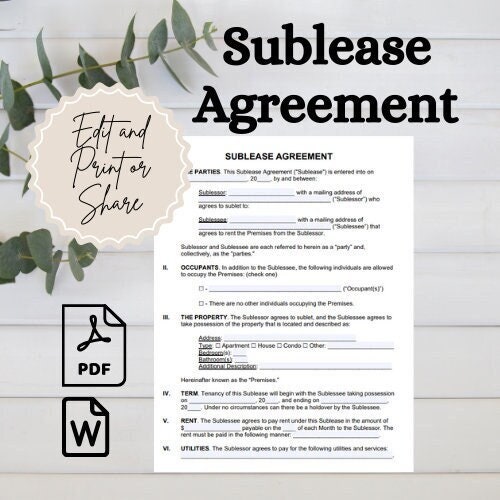 Sublease Agreement Template Editable PDF & Microsoft Word Sublet Property Contract Template