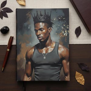 May include: A canvas print featuring a portrait of a Black man wearing a black crown and tank top. The artwork has a painterly style with a dark color palette, including shades of gray, brown, and gold. A silver necklace is visible.